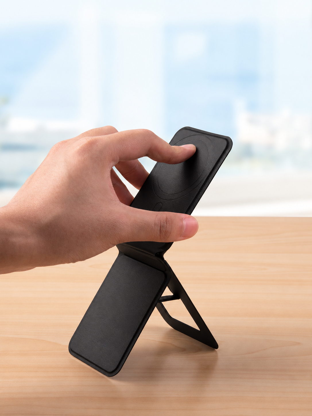 手で角度を調整する折りたたみ式マグネットスマホスタンド