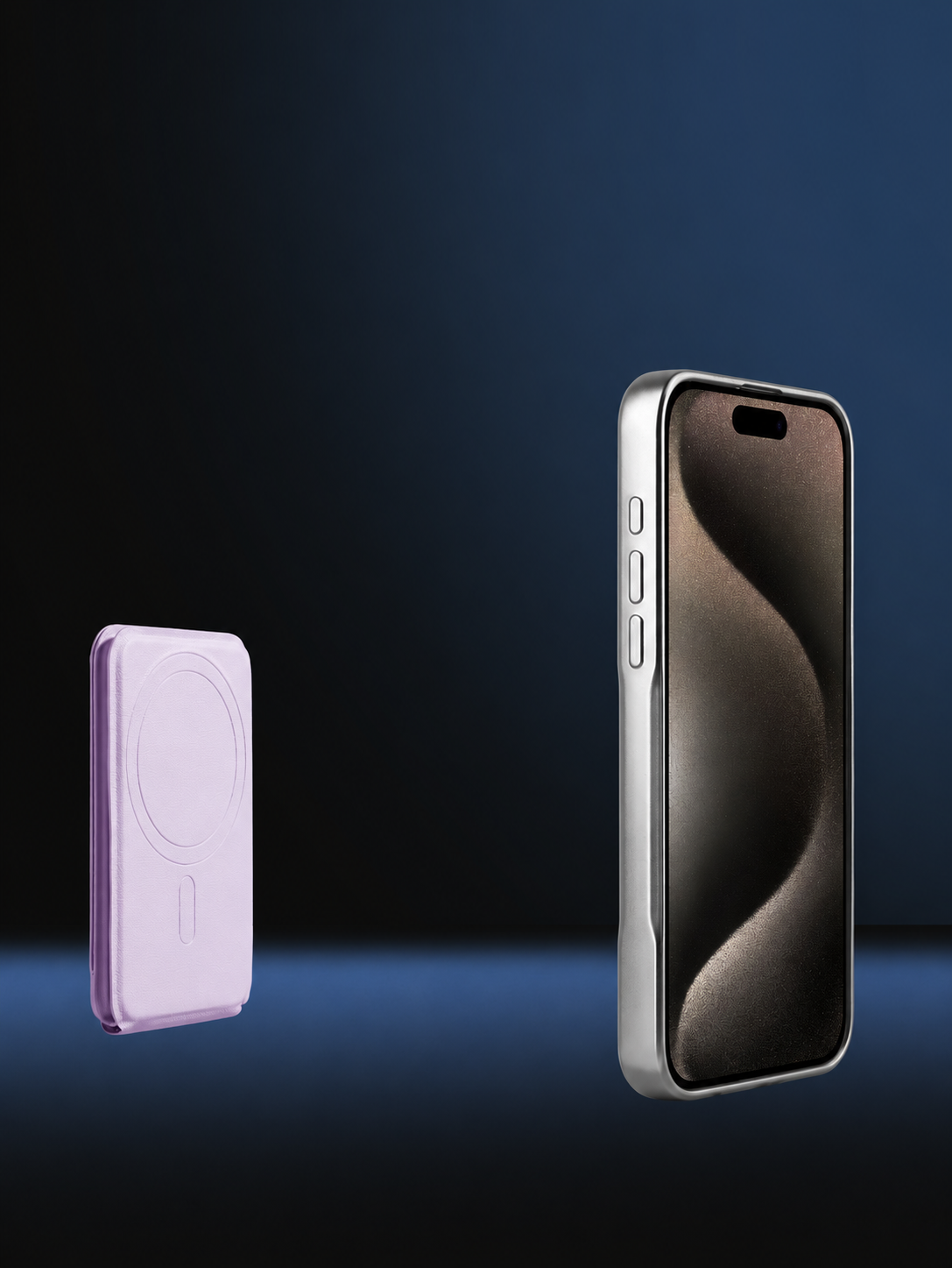 パープルのマグネットスマホスタンドとスマートフォンの取り付け位置