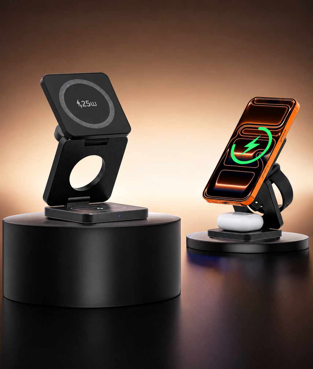 ブラックの充電スタンドと使用例
