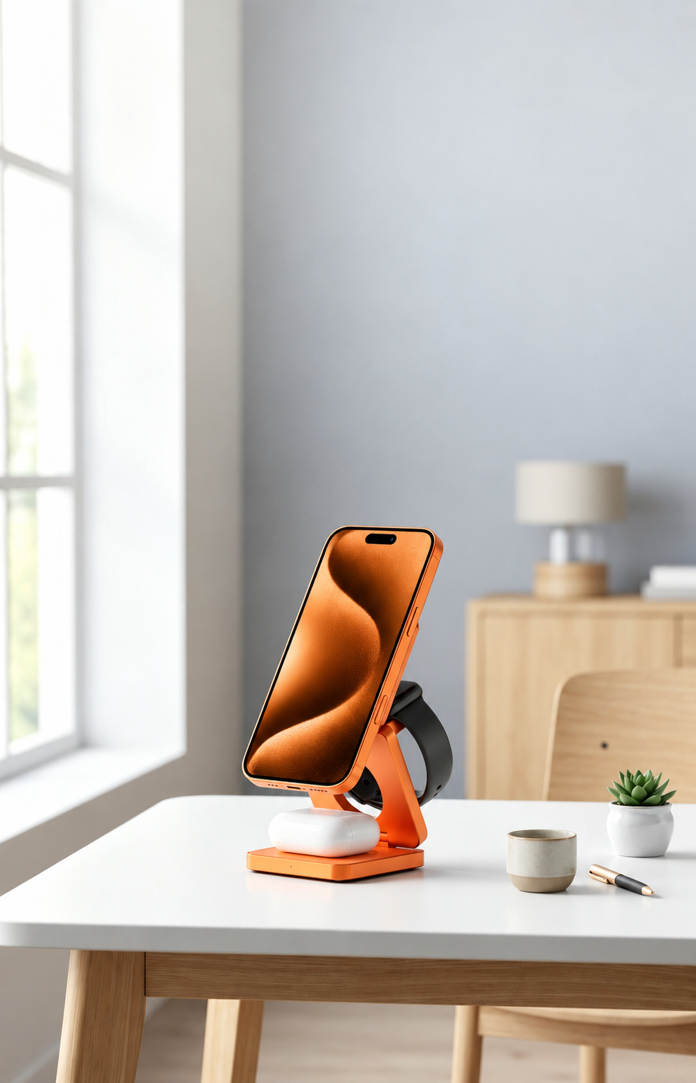 白いデスク上で使用する3in1充電スタンド