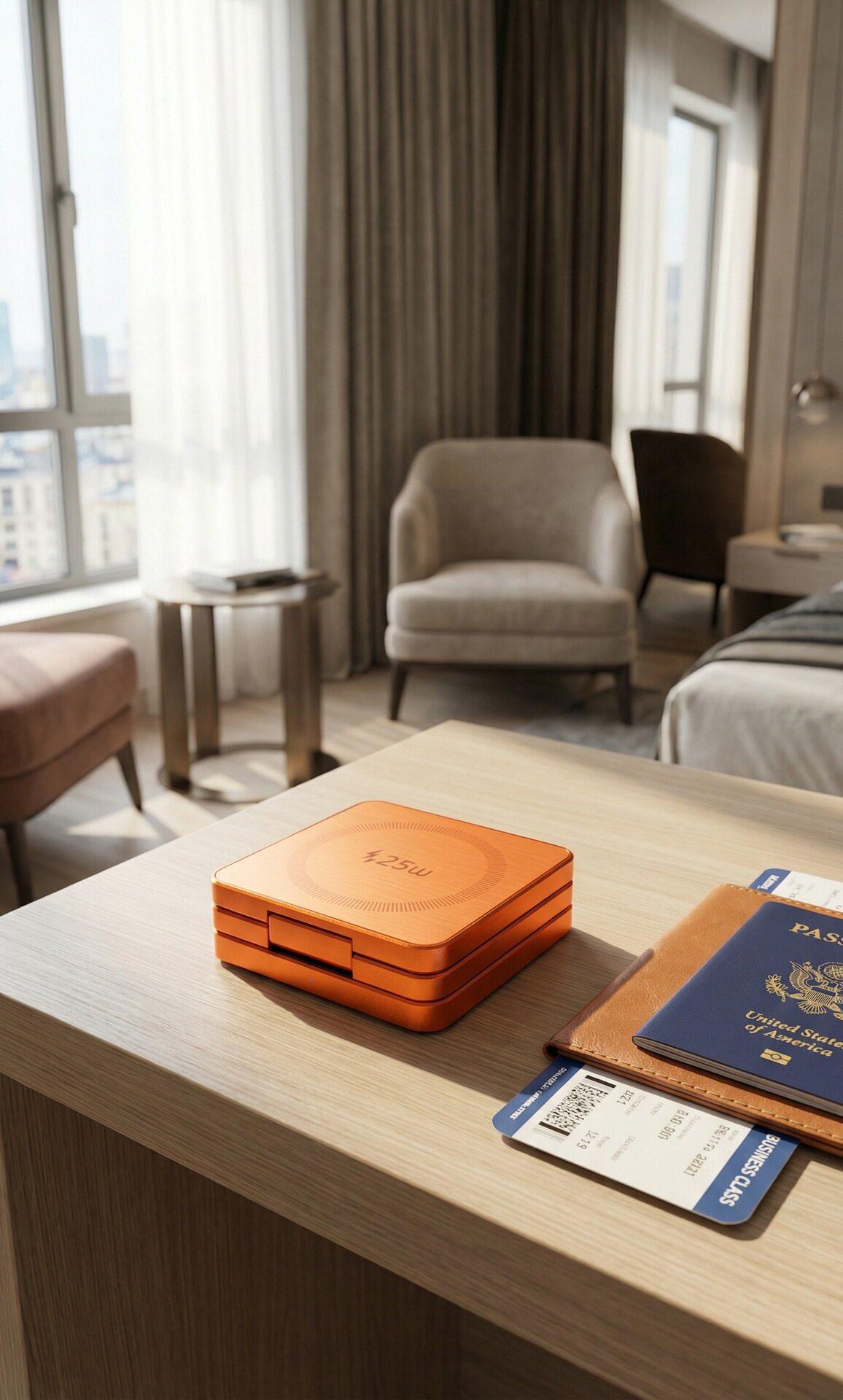旅行先のテーブルに置いた折りたたみ充電スタンド