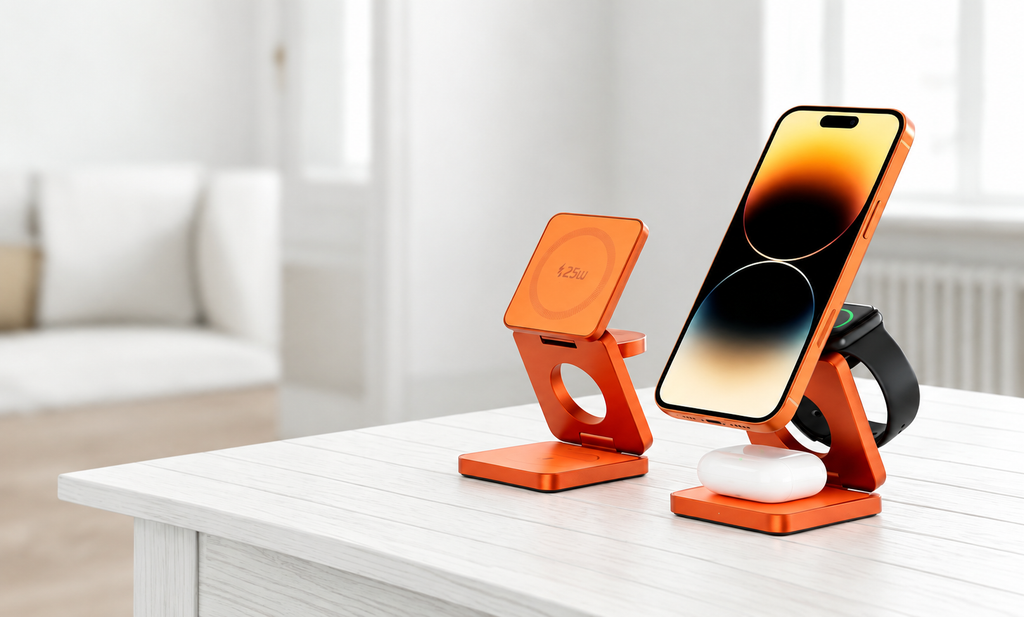 オレンジの充電スタンドと使用例