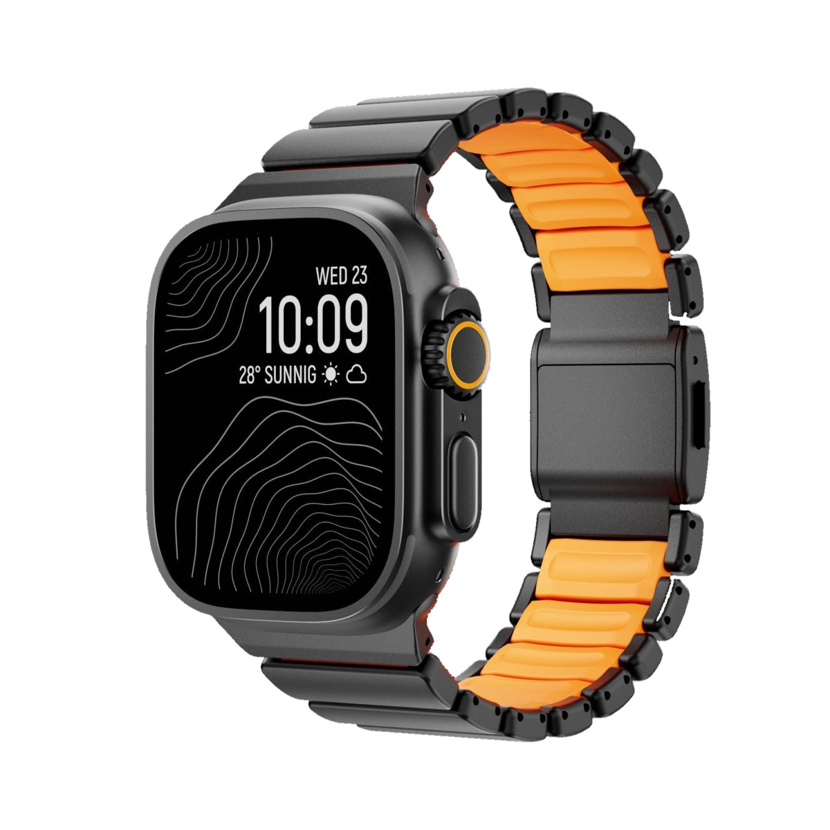 Apple Watch対応 メタルバンド｜マグネットバックル チタンタイプ・ブラック×オレンジ 白背景