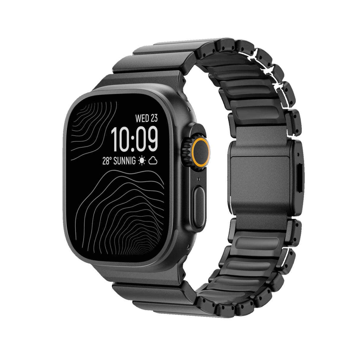 Apple Watch対応 メタルバンド｜マグネットバックル チタンタイプ・オールブラック 白背景