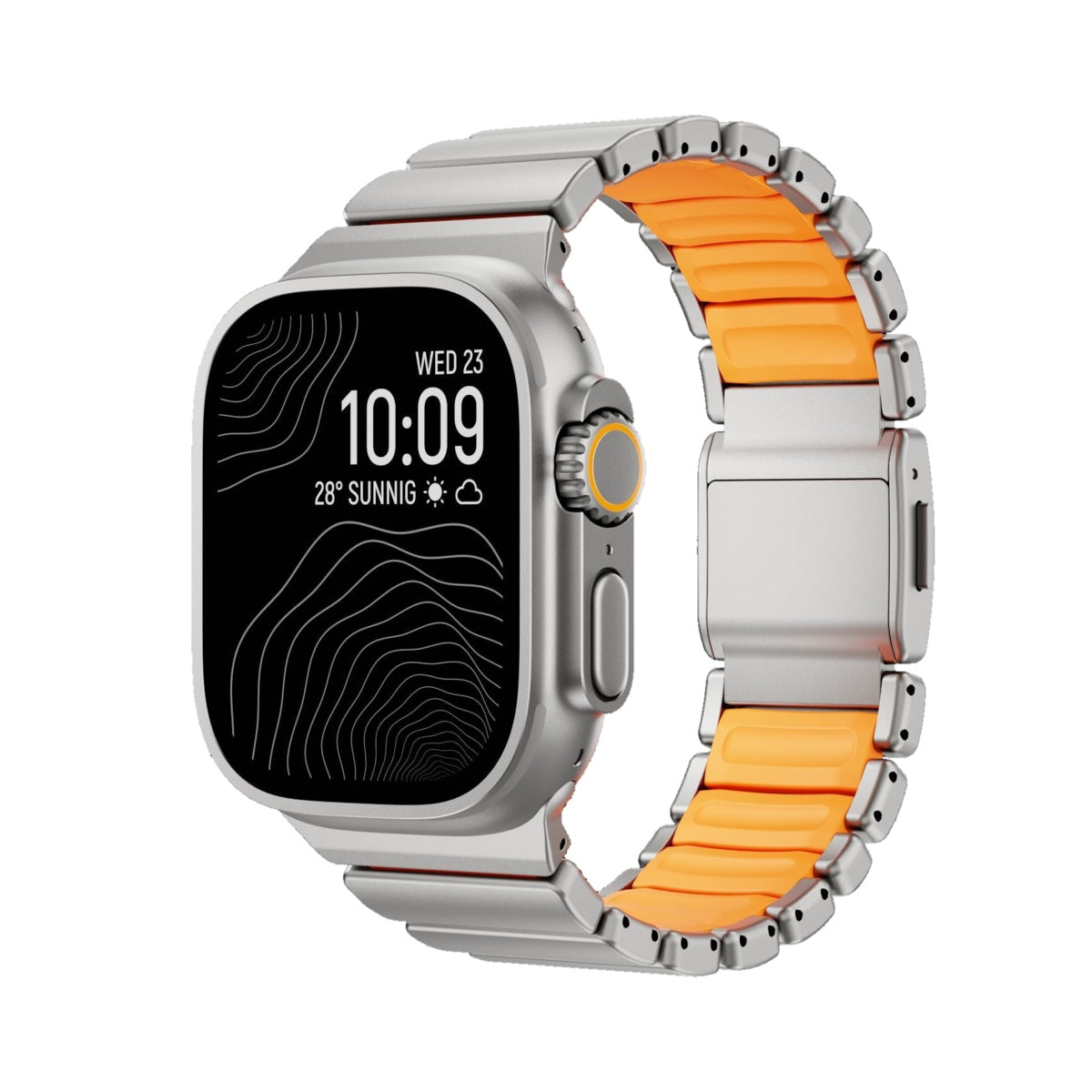 Apple Watch対応 メタルバンド｜マグネットバックル チタンタイプ・チタンカラー×オレンジ 白背景