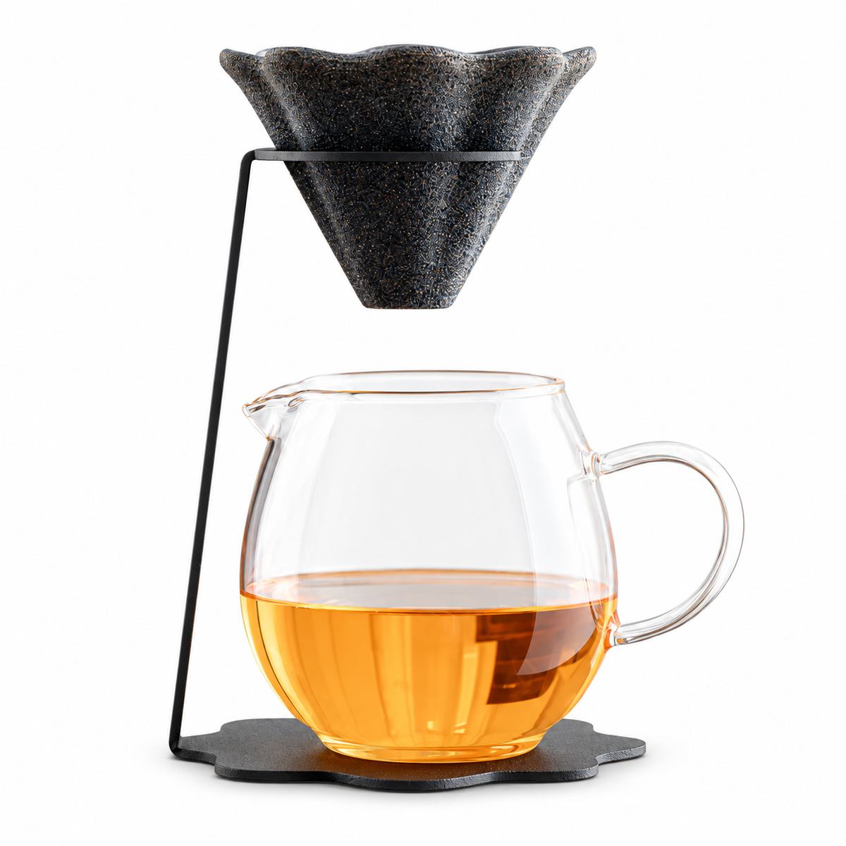 花形セラミック茶こし｜スタンド・ガラスピッチャーセット スタンドセット＋丸型ピッチャー 白背景