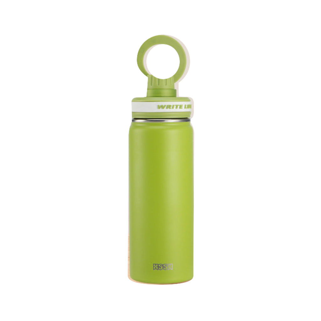 マグネット式スマホスタンド付き ステンレスボトル 抹茶グリーン・600ml / マグネット式スマホスタンド付き 白背景