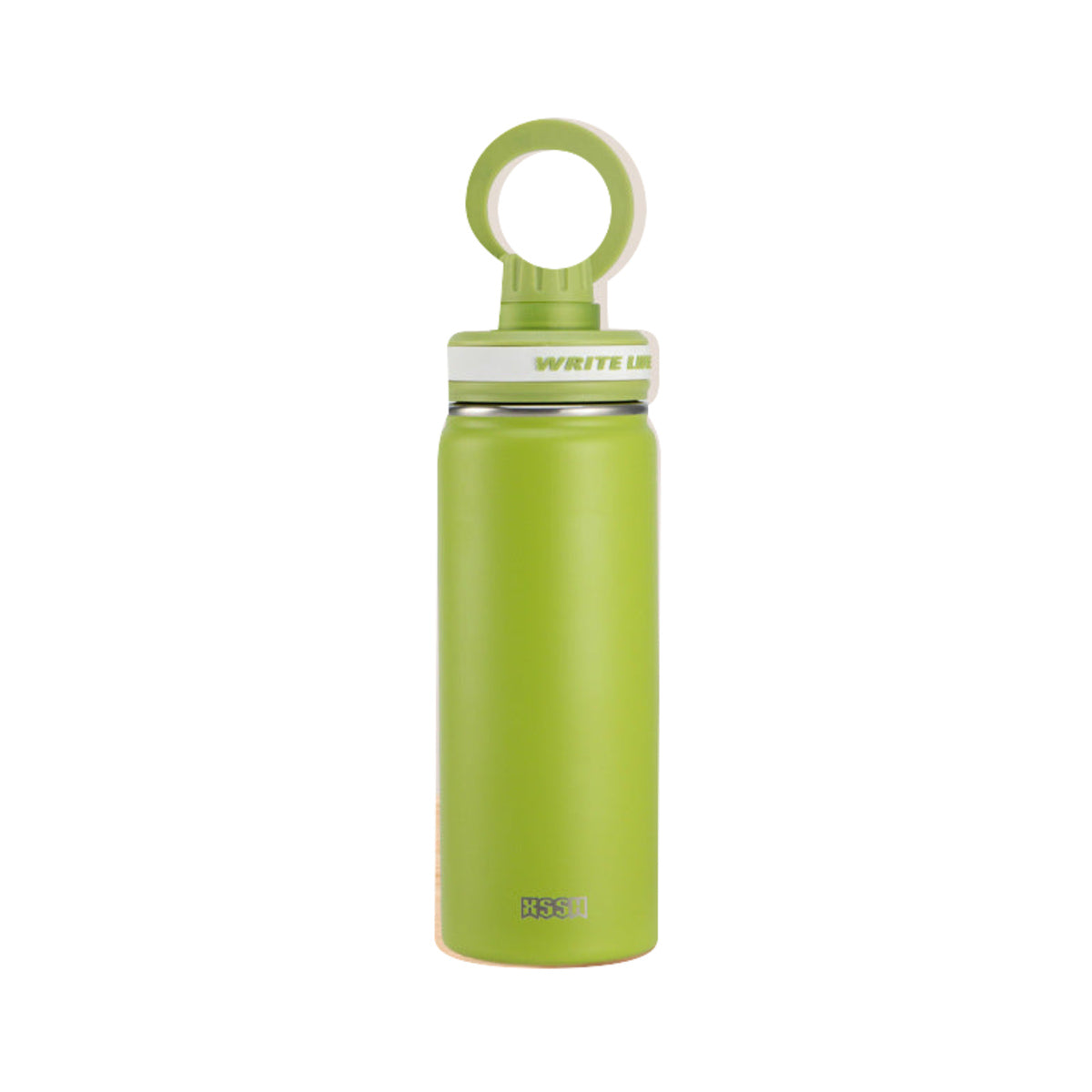 マグネット式スマホスタンド付き ステンレスボトル 抹茶グリーン・600ml / マグネット式スマホスタンド付き 白背景
